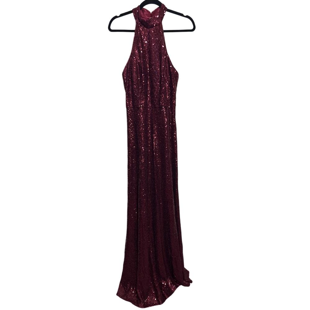 Revelry Burgundy Sequin Neck Halter Dress Gown 10